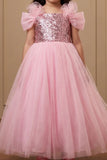 Girls Baby Pink Sequin Party Wear Gown with Bow Sleeves