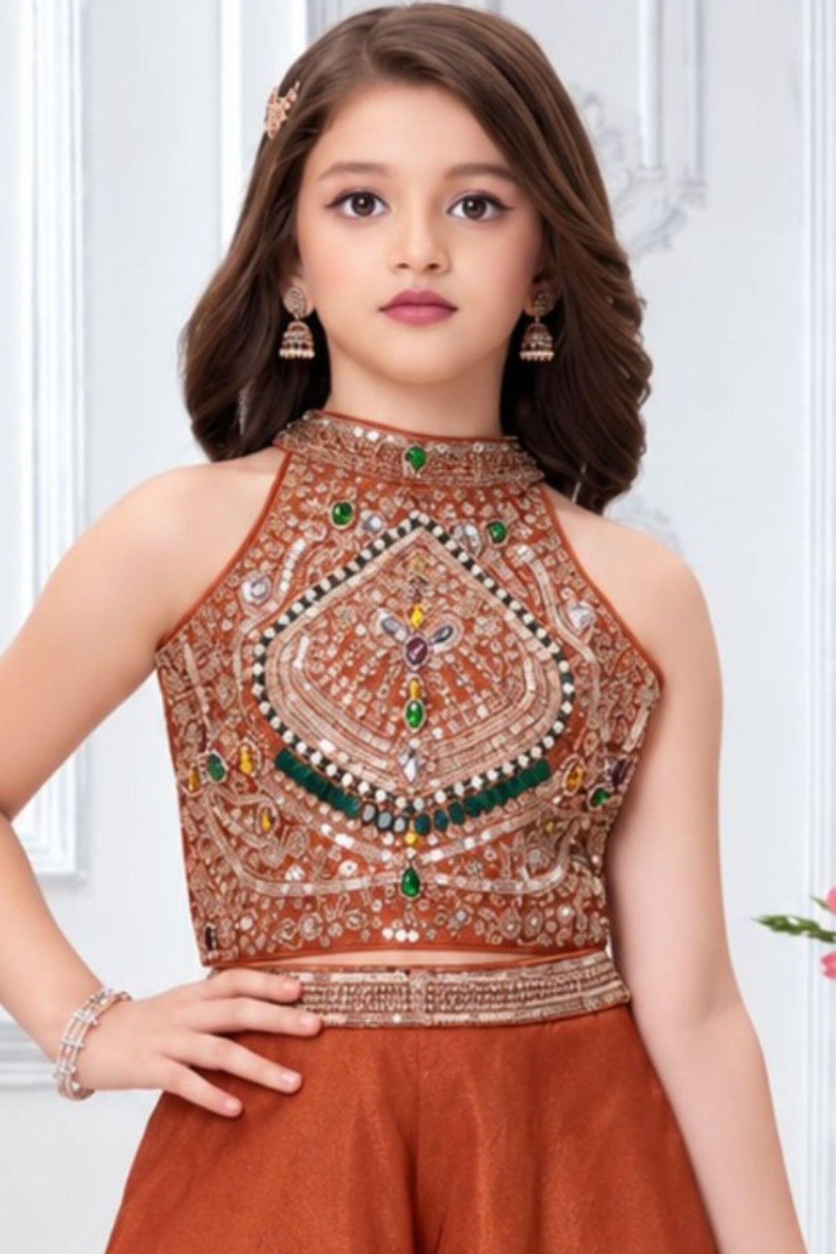 Girls Elegant Rust Orange Sequin And Stone Embellished Palazzo Set