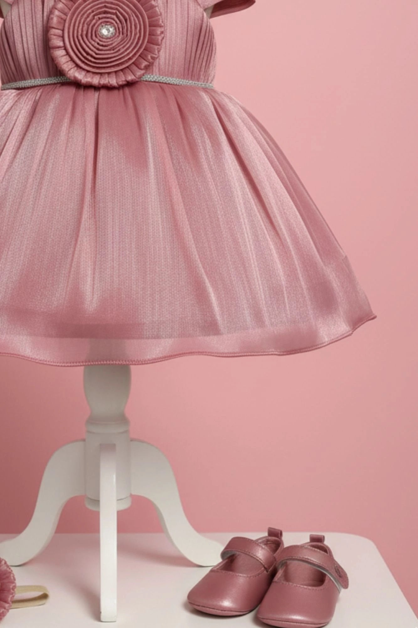 Onion Pink Party Frock with Pleated Flower Appliqué and Shimmer Finish For Girls