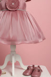 Onion Pink Party Frock with Pleated Flower Appliqué and Shimmer Finish For Girls