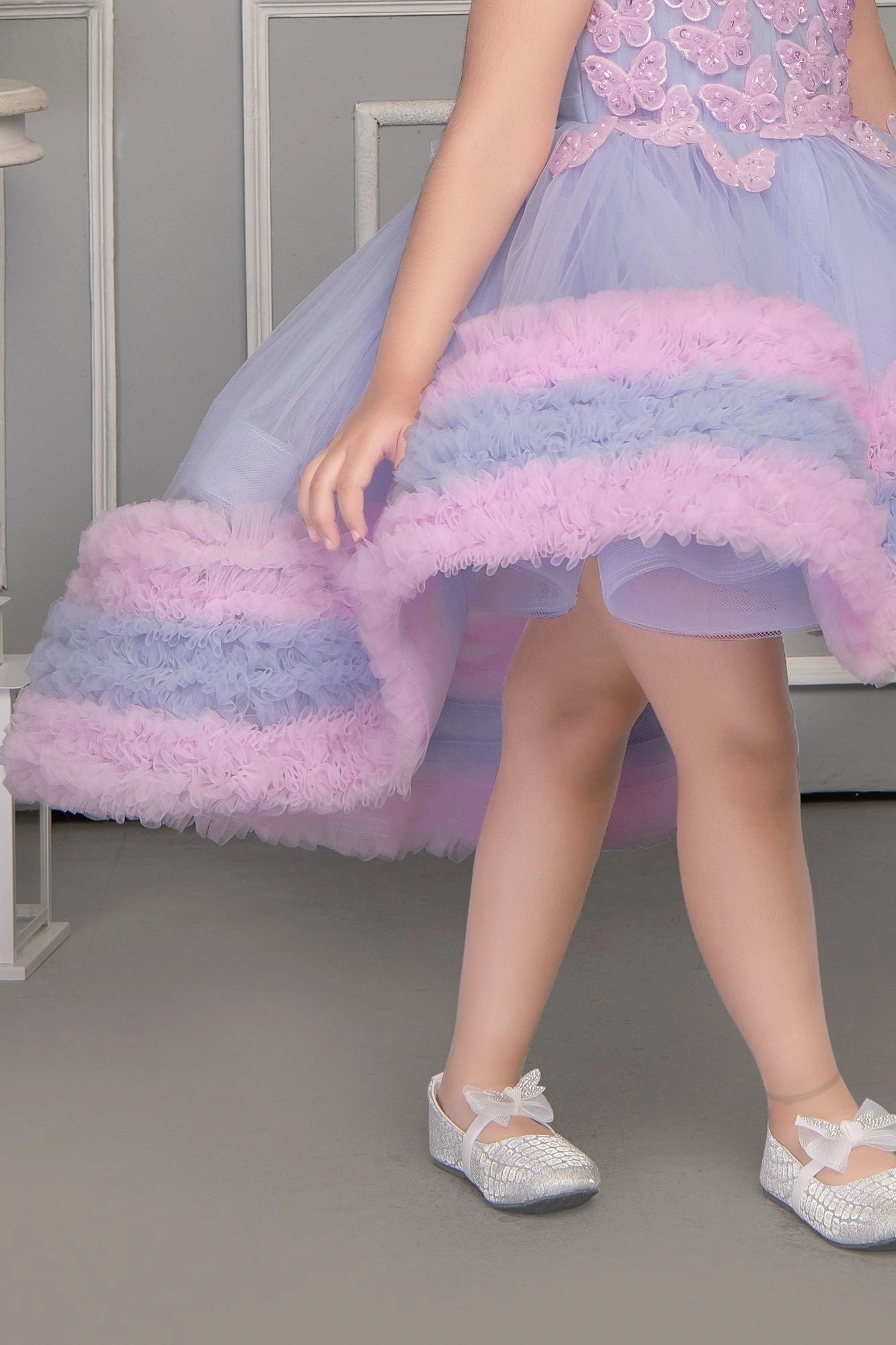 Blue Butterfly Tulle Party Frock with Layered Ruffles for Girls