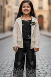 Black Embroidered Co-ord Set With Cream Lace Jacket For Girls
