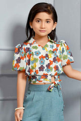 Multicolor Floral Printed Top With Blue Bottom Set For Girls