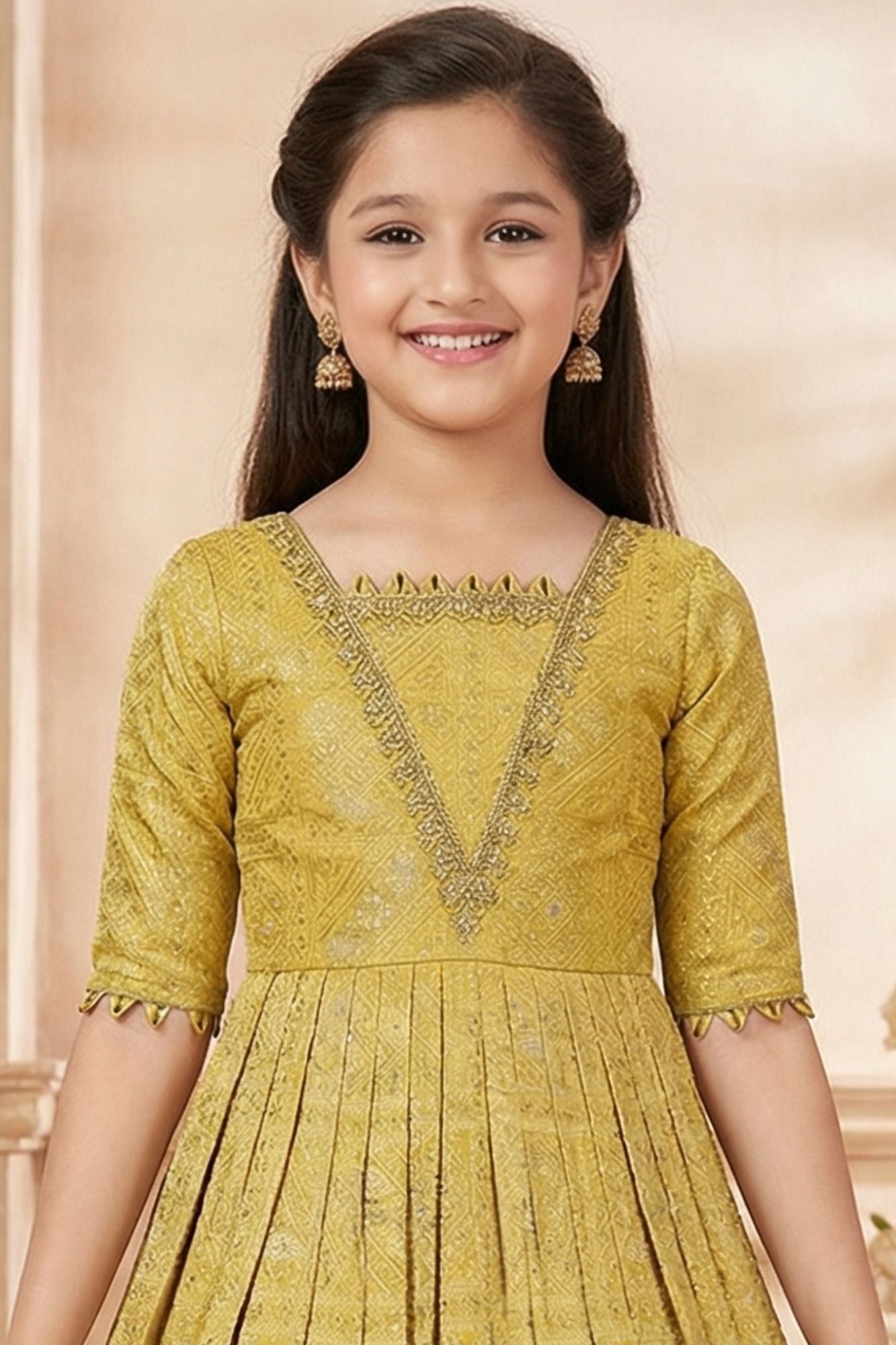 mustard yellow ethnic dress Mustard Yellow Ethnic Gown with Embroidered Neckline For Girls 6-7Y(26)