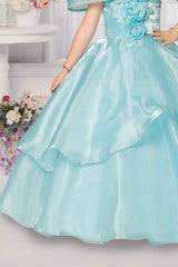 Sky Blue Party Wear Gown With Floral Embellishment For Girls