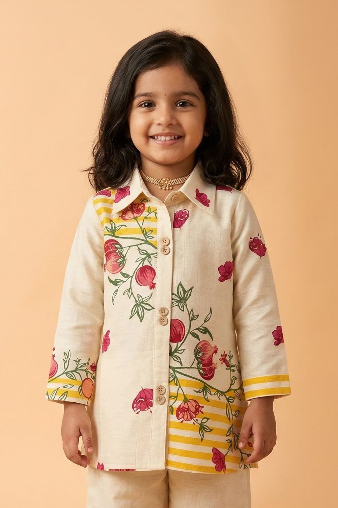 Girls Cream Floral Printed Co-Ord Set with Shirt And Wide-Leg Pants