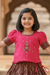 Rani Pink Zari Embroidered Silk Pattu Pavadai For Girls