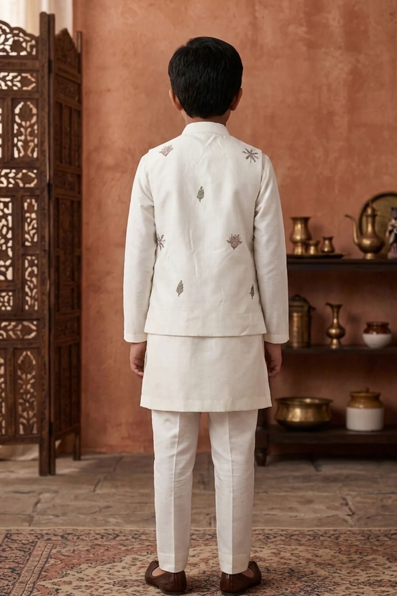 Boys White Floral  Embroidered Kurta Set with Nehru Jacket