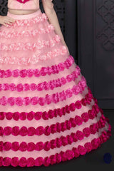 Designer Pink Frill Sleeve With Sequin And Pearl Work And Floral Embellished Frock For Girls