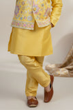 Yellow Embroidered Kurta Pajama Set with Ethnic Jacket for Boys