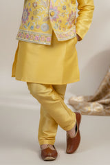 Yellow Embroidered Kurta Pajama Set with Ethnic Jacket for Boys
