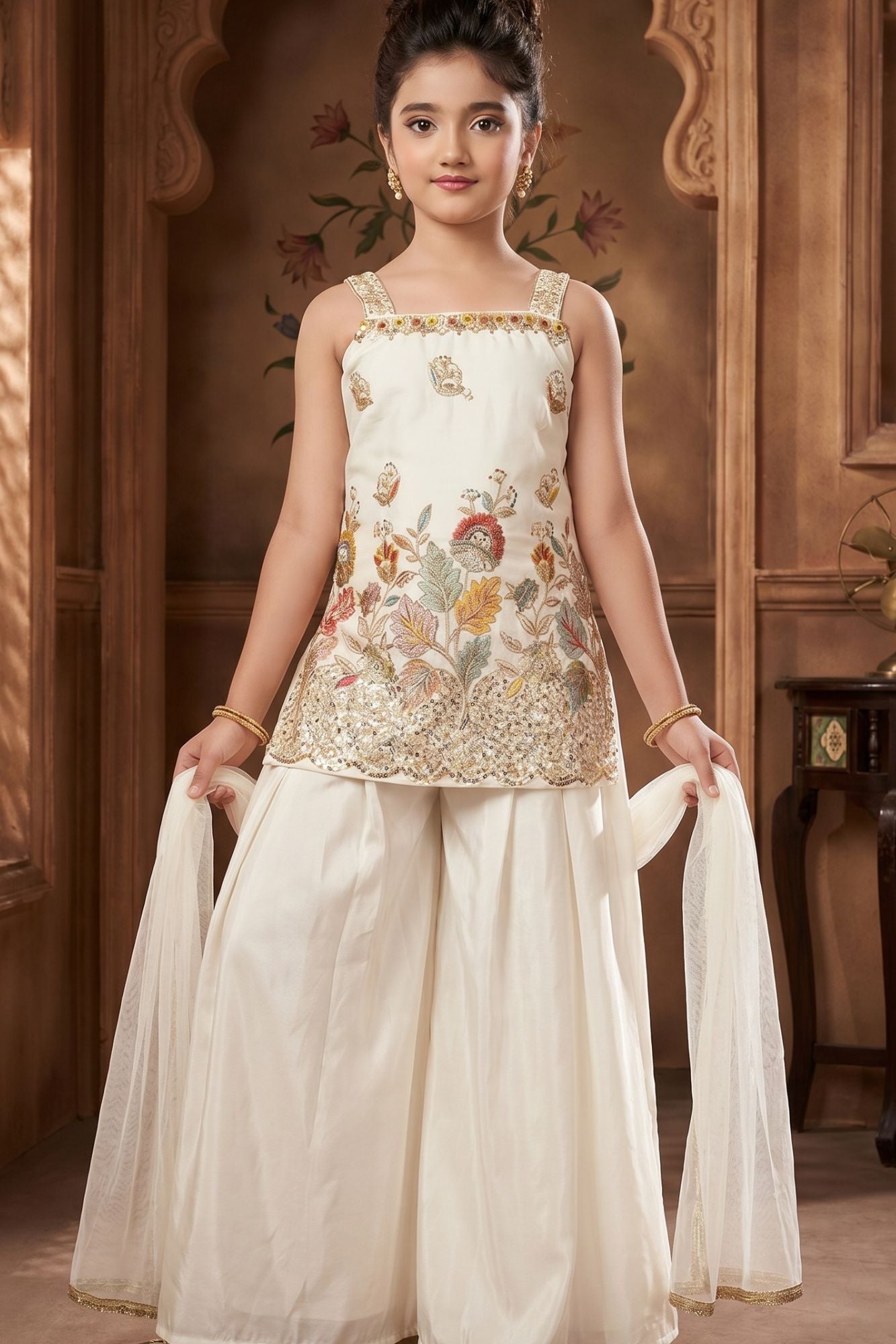 White Floral Sequin Work Palazzo Set with Dupatta For Girls