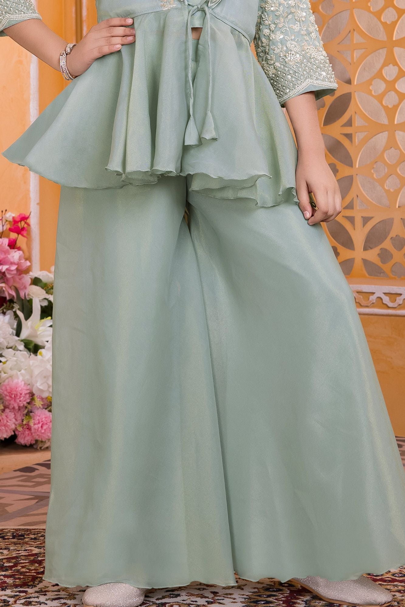 Mint Green Embroidered Peplum Palazzo Set With Sheer Jacket For Girls