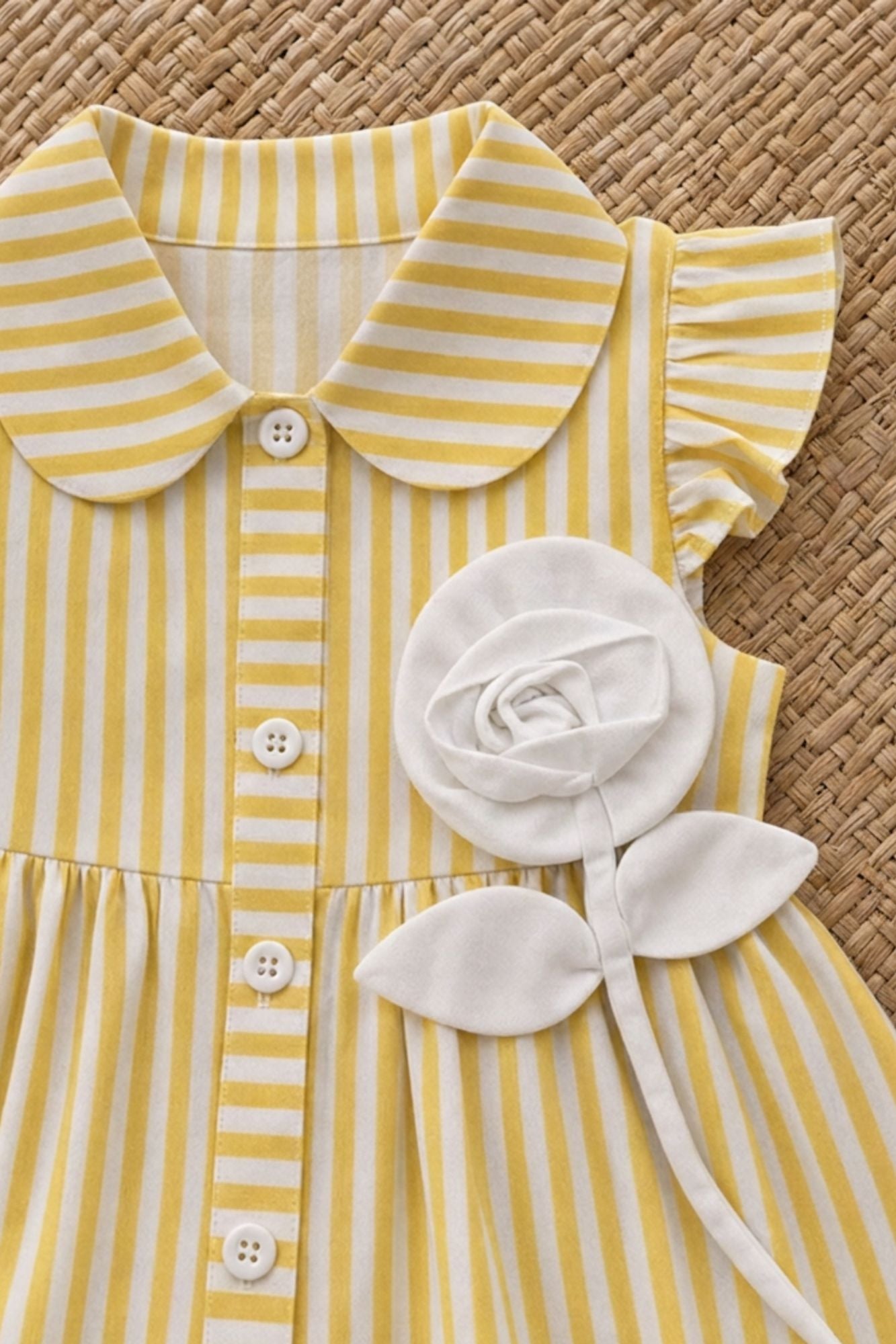 Cheerful Girls Yellow And White Striped Shirt Dress with 3D Floral Applique