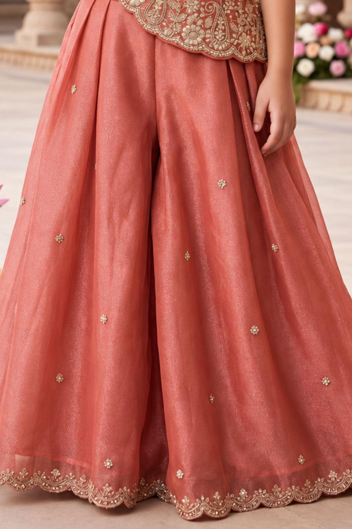 Girls Dusty Pink Gold Embroidered Palazzo Set