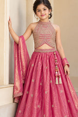 Girls Pink With Gold Sequin Embroidered Halter Neck Lehenga Choli Set