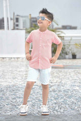 Peach Striped Shirt With White Shorts Set For Boys