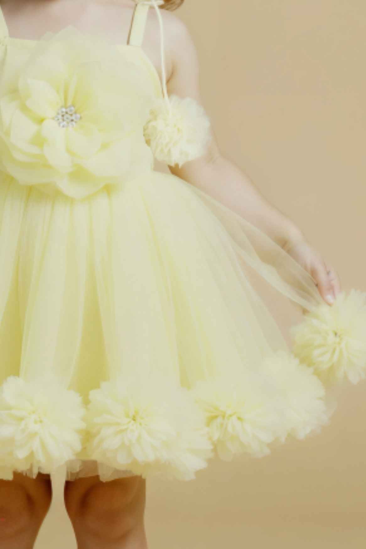 Lemon Yellow Ruffle Frock With Floral Embellished For Girls