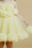 Lemon Yellow Ruffle Frock With Floral Embellished For Girls