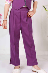 Purple Waist Coat And Pant With Floral Printed Top Set For Girls