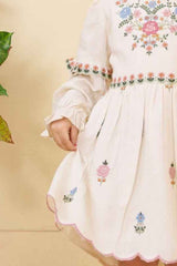 Stylish Off White Casual Frock With Embroidery For Girls