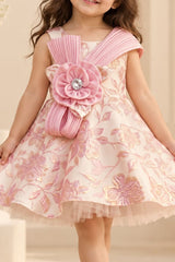 Girls Blush Pink Floral Embroidered Party Frock with 3D Flower Embellishment