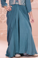 Teal Blue Embroidered Drapped Style Palazzo Set For Girls