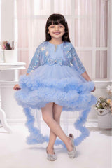 Blue Bow Embellished Tailback Frock With Sequin Overcoat For Girls