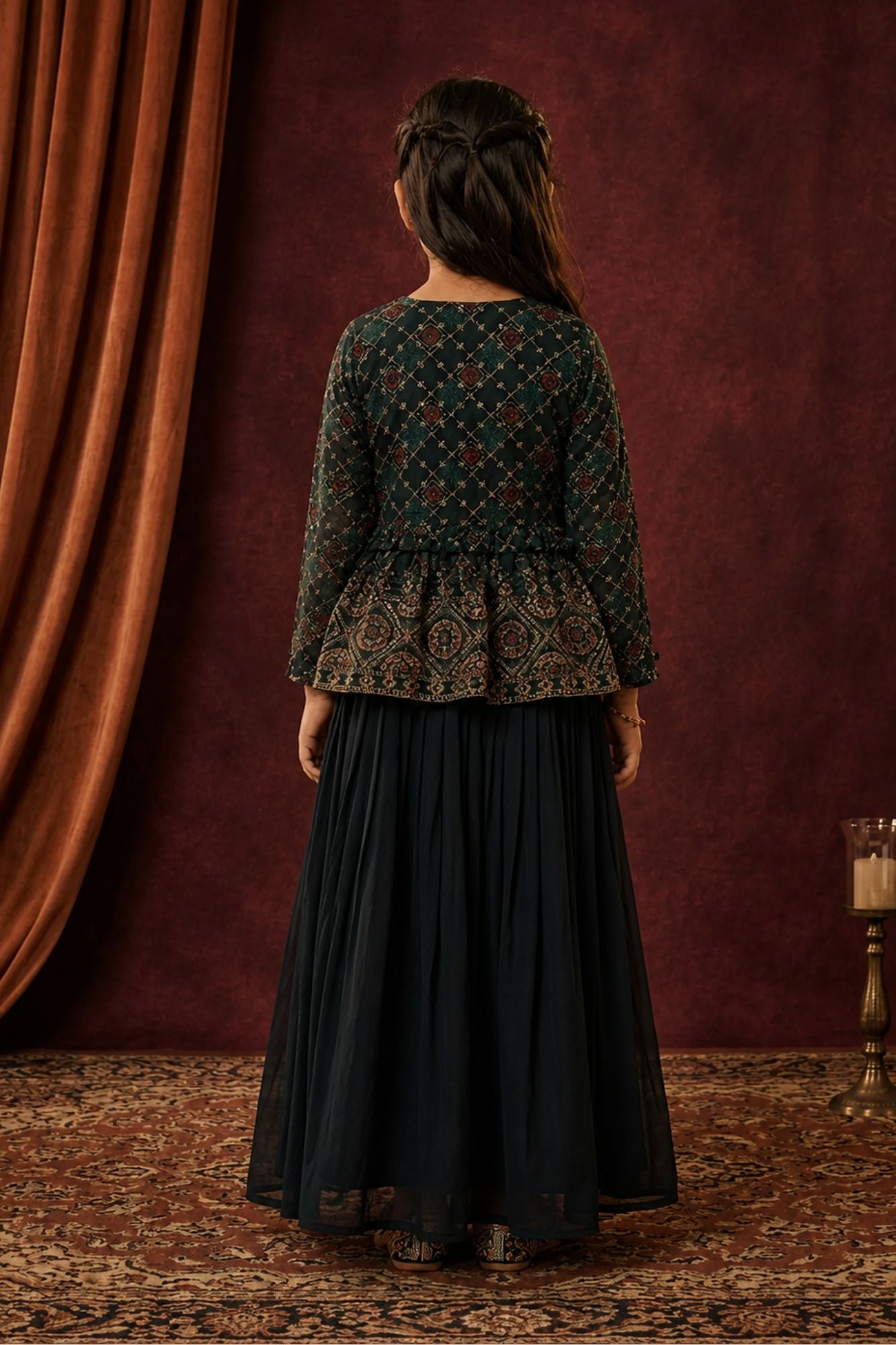 Girls Navy blue  Printed Peplum Top with Flared Palazzo Set