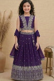 Royal Purple Embroidered Lehenga Choli Set with Dupatta For Girls