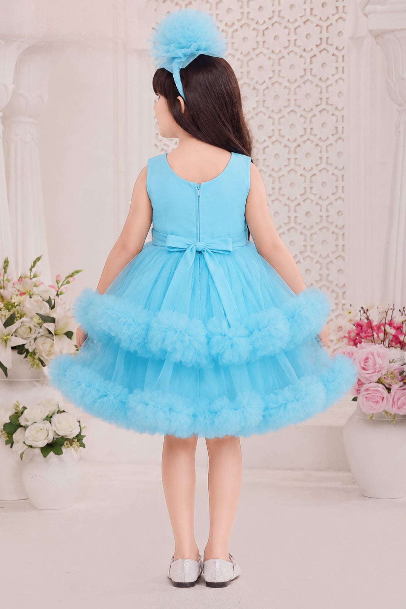 Sky Blue Sequined Tulle Party Wear Frock for Girls