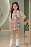 Fawn Dress With Floral Embroidery And Lace Shrug For Girls