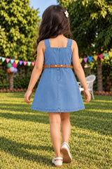 Girls Blue Sleeveless Bow Detail Denim Dress