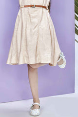 Beige Sleeveless Frock With Embroidered Collar And Waist Band For Girls