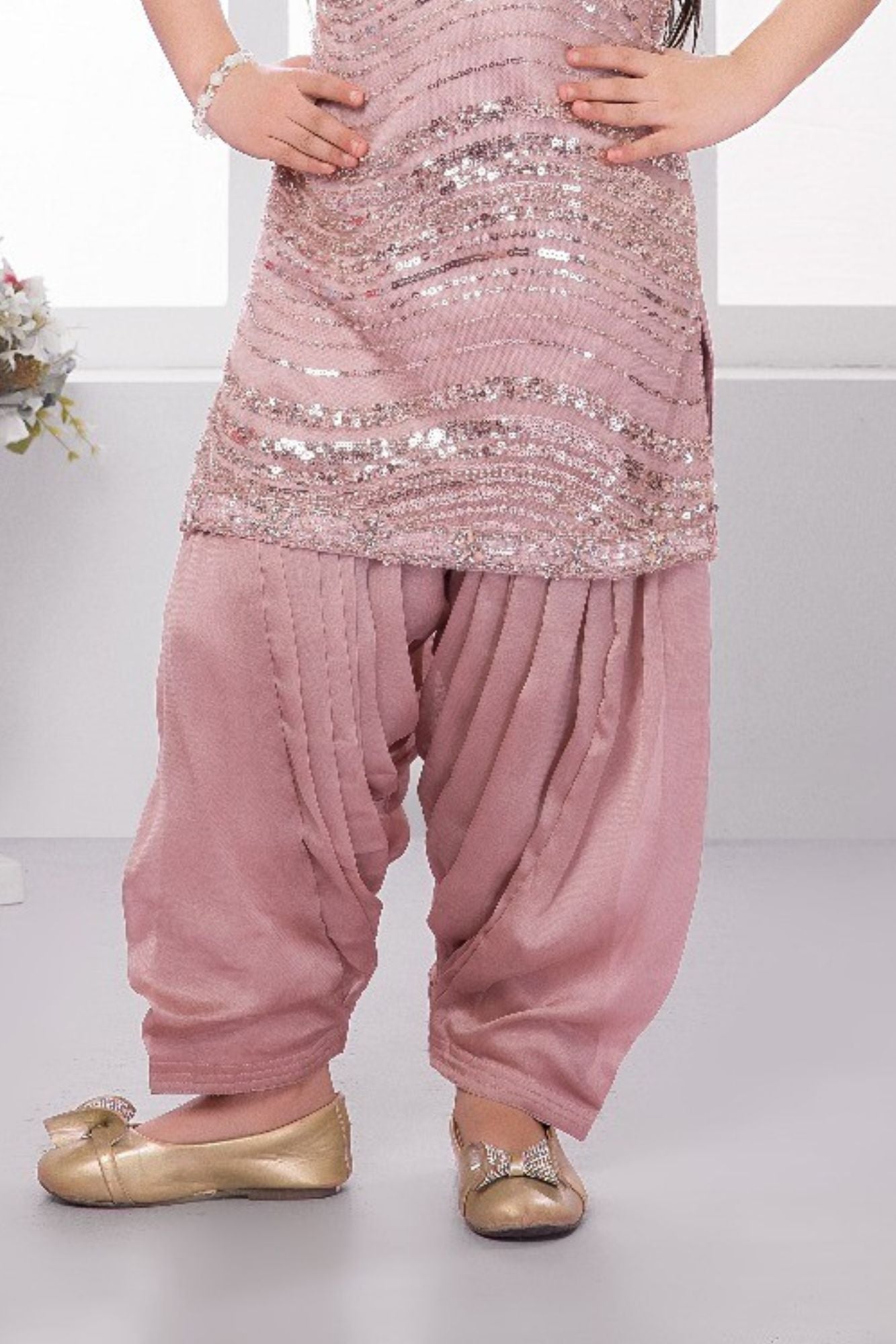 Dusty Pink Sequin Embellished Patiala Set For Girls