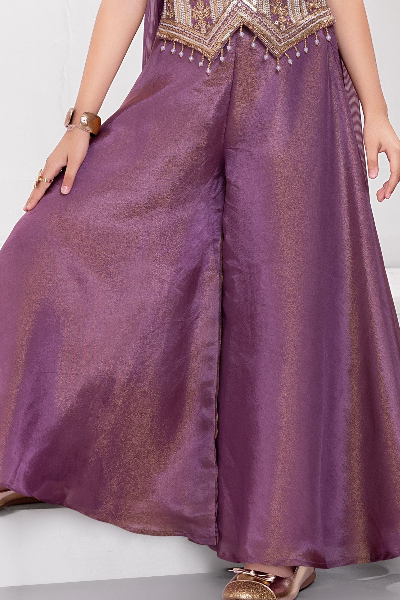 Wine Embroidered Palazzo Set with Dupatta for Girls