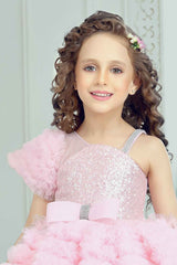 Pink Sequins Work With Bow Embellished Party Wear Tailback Frock For Girls