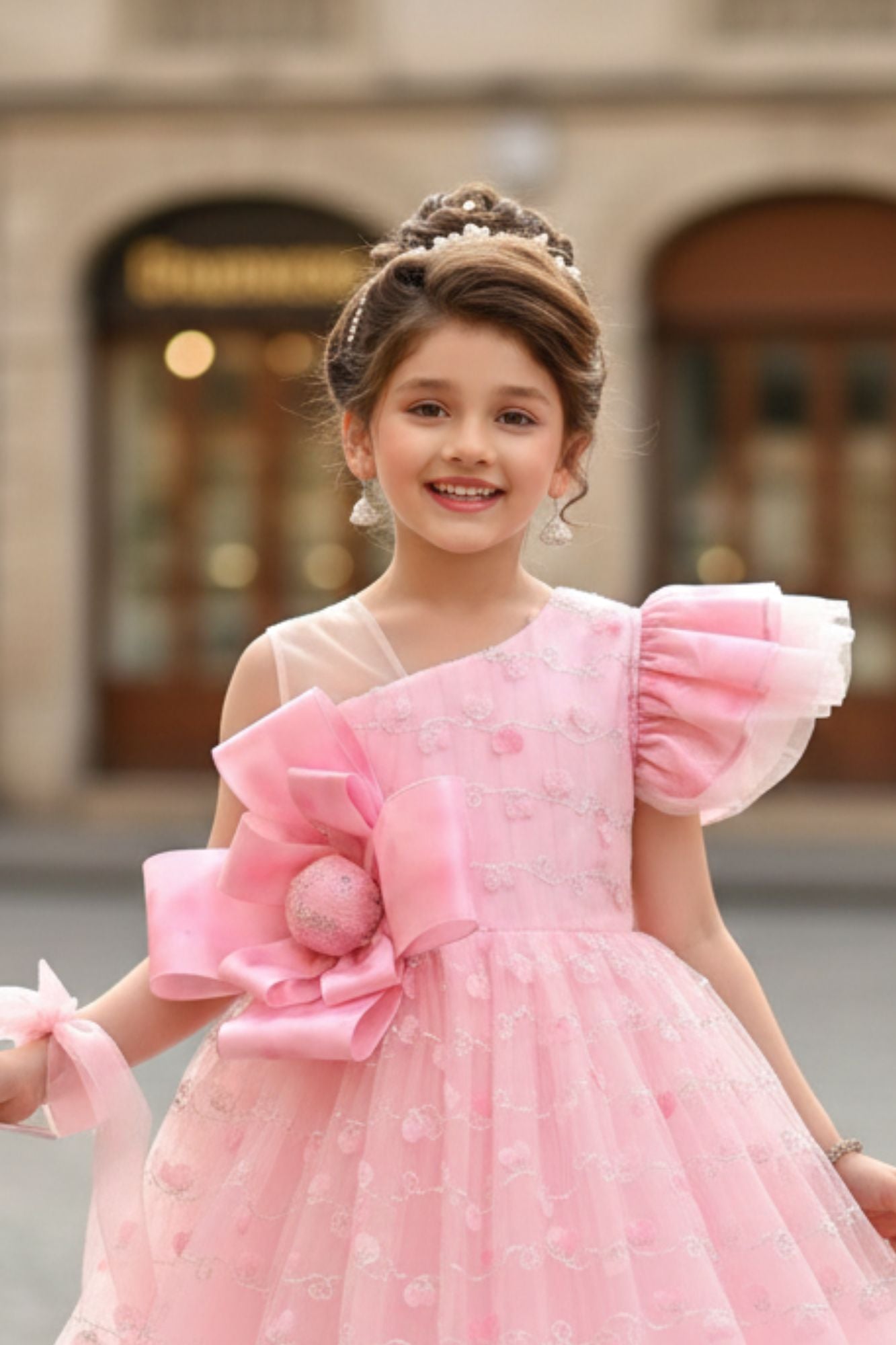 Blush Pink One-Shoulder Bow Embroidered Party Gown for Girls