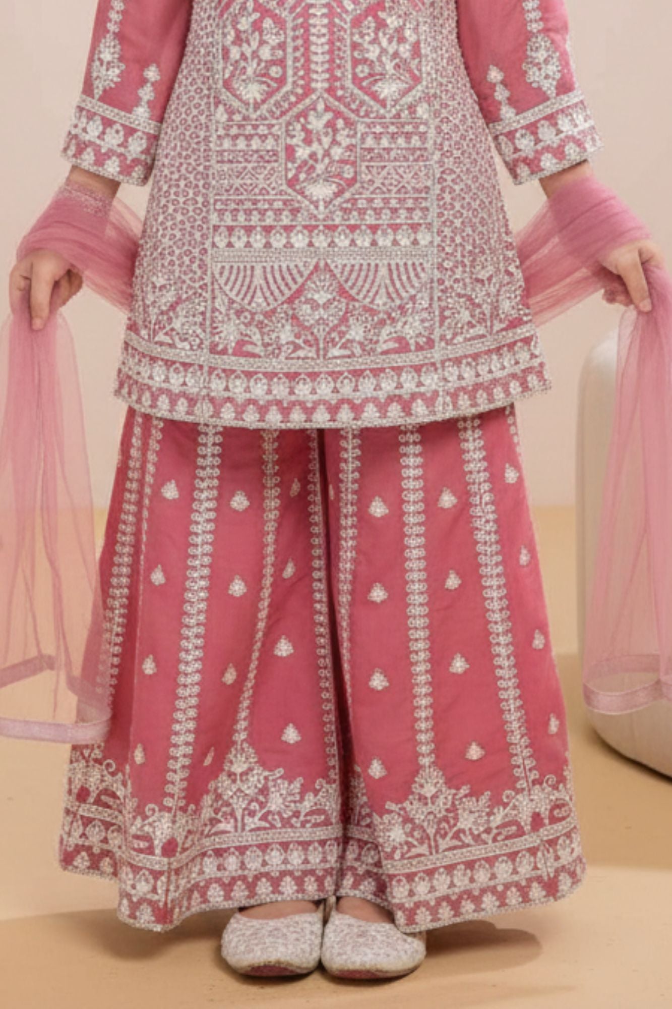 Dusty Pink And Gold Embroidered Kurti Palazzo Set for Girls