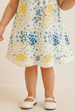 White & Yellow-Blue Floral Cotton Dress with Ruffle Sleeves For Girls