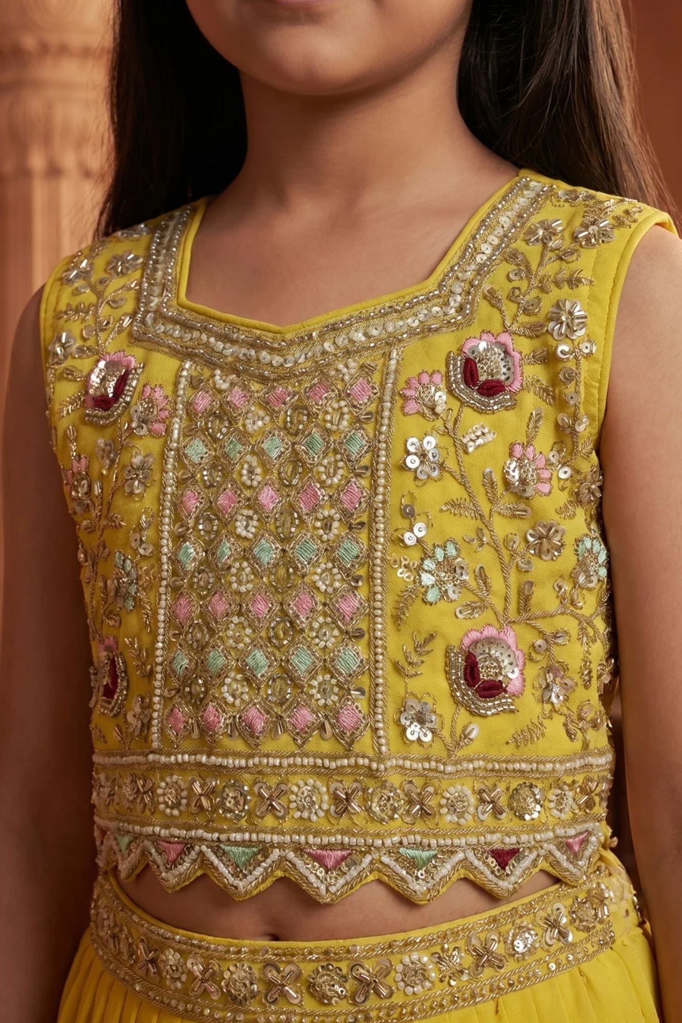 Girls Lime Yellow Embroidered Lehenga Choli Set