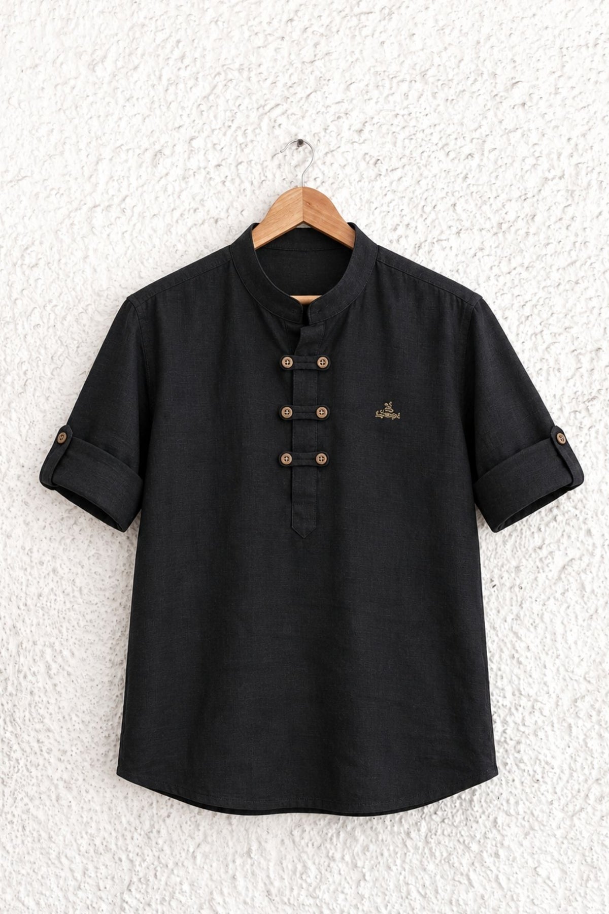 Black Solid Shirt with Mandarin Collar for Boys