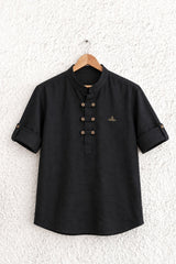Black Solid Shirt with Mandarin Collar for Boys