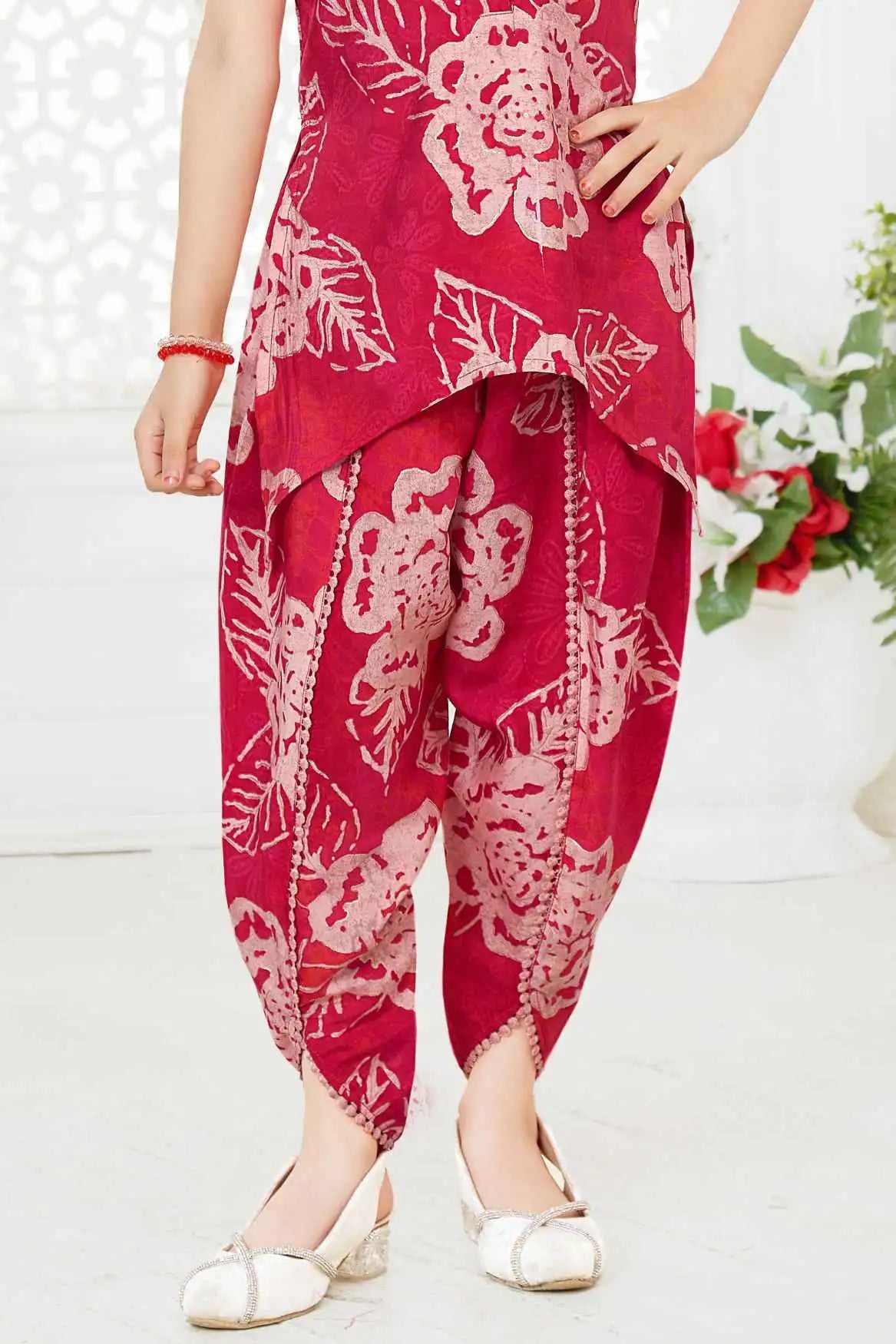 Rani Pink Floral Printed Dhoti Set For Girls