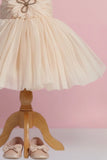 Fawn Party Frock with Oversized Floral Appliqué and Pleated Shine Finish For Girls
