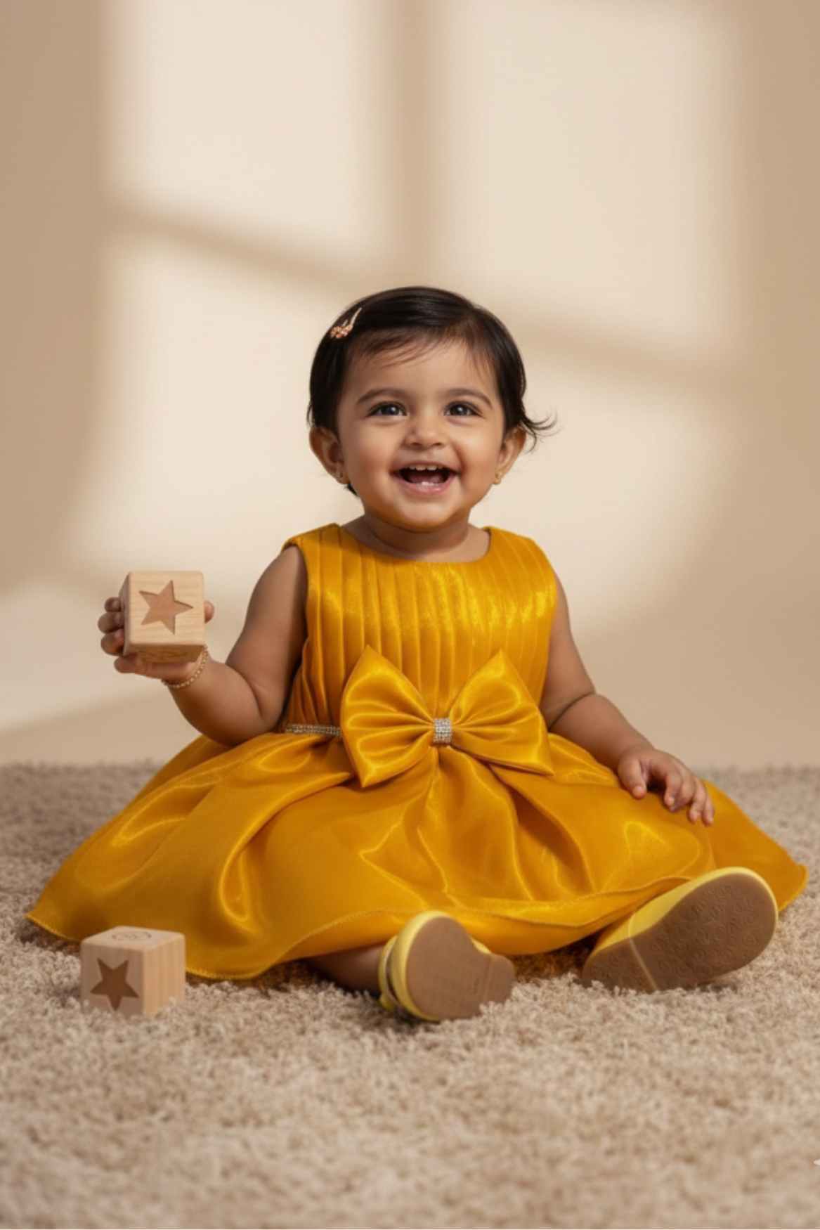 Gold Party Frock with Pleated Bodice and Bow Belt For Girls