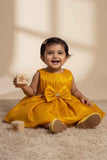 Gold Party Frock with Pleated Bodice and Bow Belt For Girls