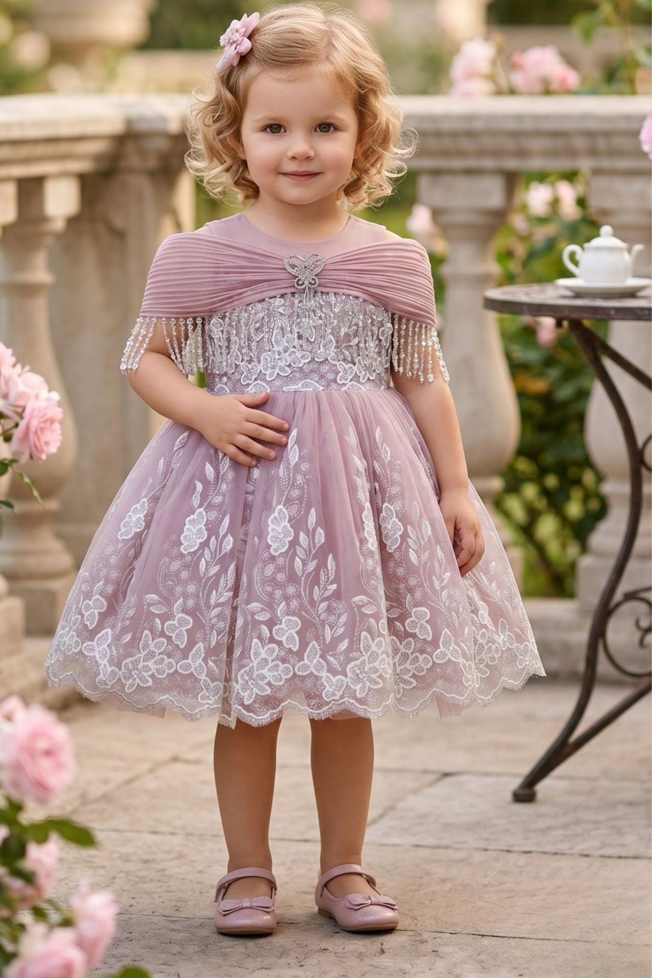 Girls Onion Pink Off-Shoulder Embroidered Party Wear Frock