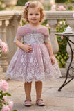 Girls Onion Pink Off-Shoulder Embroidered Party Wear Frock