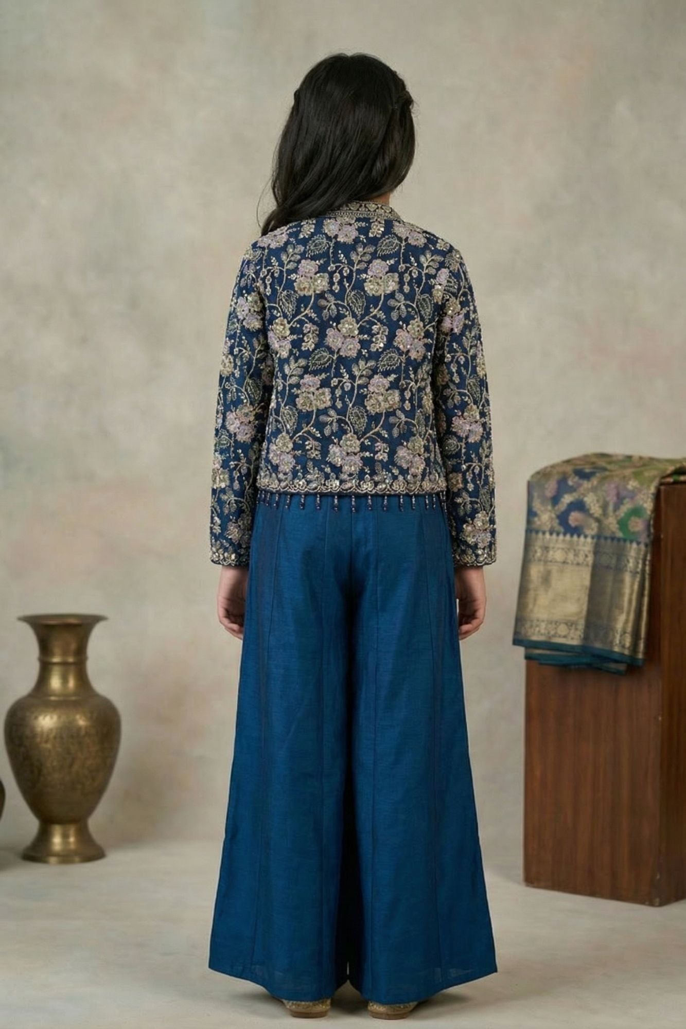 Blue Embroidered Palazzo Set With Jacket for Girls